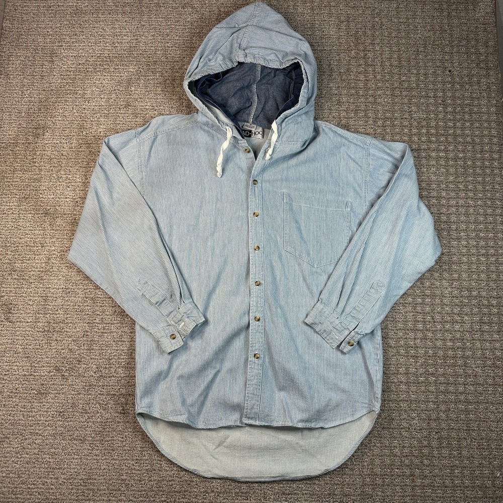 Vintage Ad-Hoc Mens Hooded Shirt Blue White Striped Cotton Button Down Size M
